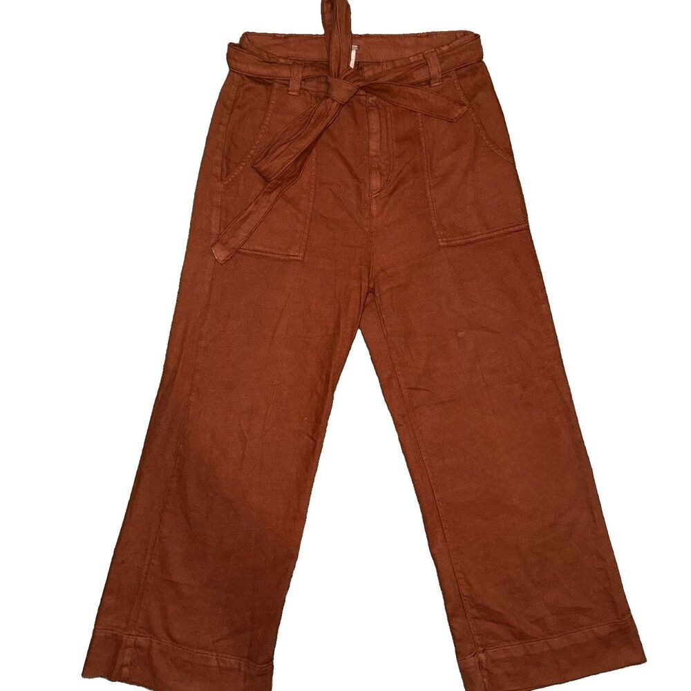 Free People Womens Size 2 Rust Wide Leg Utility Pants High Rise Tie Belt